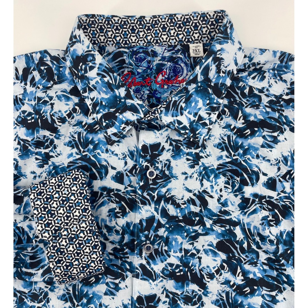 Robert Graham Button Down Shirt Mens 2XL Blue White Floral Abstract Classic Fit